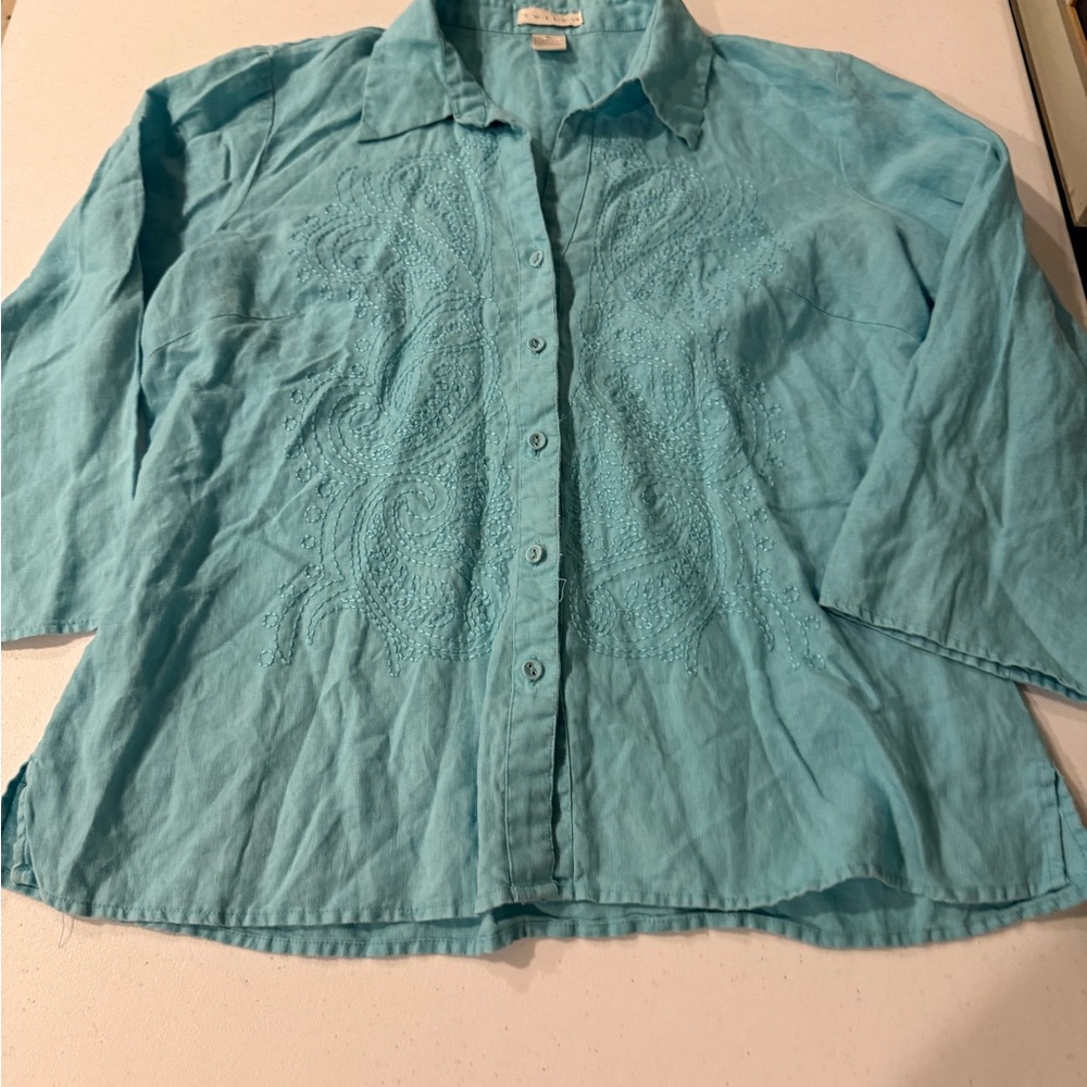 Tweeds Women's Teal Linen Classic Coastal Button‎ Front Blouse Xl Embroidered